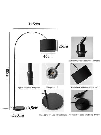 Alpinaluz Arco Vloer Lamp 40cm Zwart Textile Shade, Marble Base, Adjustable Height Up To 180cm, E27, Foot Switch view 6