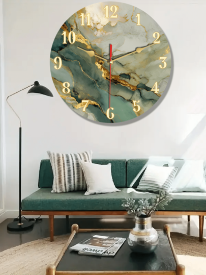 Pc 10 Inch/12 Inch Silent Non Ticking Wooden Wand Clock, Round Abstract Marble Texture Goud ation, Battery Operated (AA Batteries Not Included), Dining Room, Hallway, Study, Home Office, Balcony Klok Living Room view 3