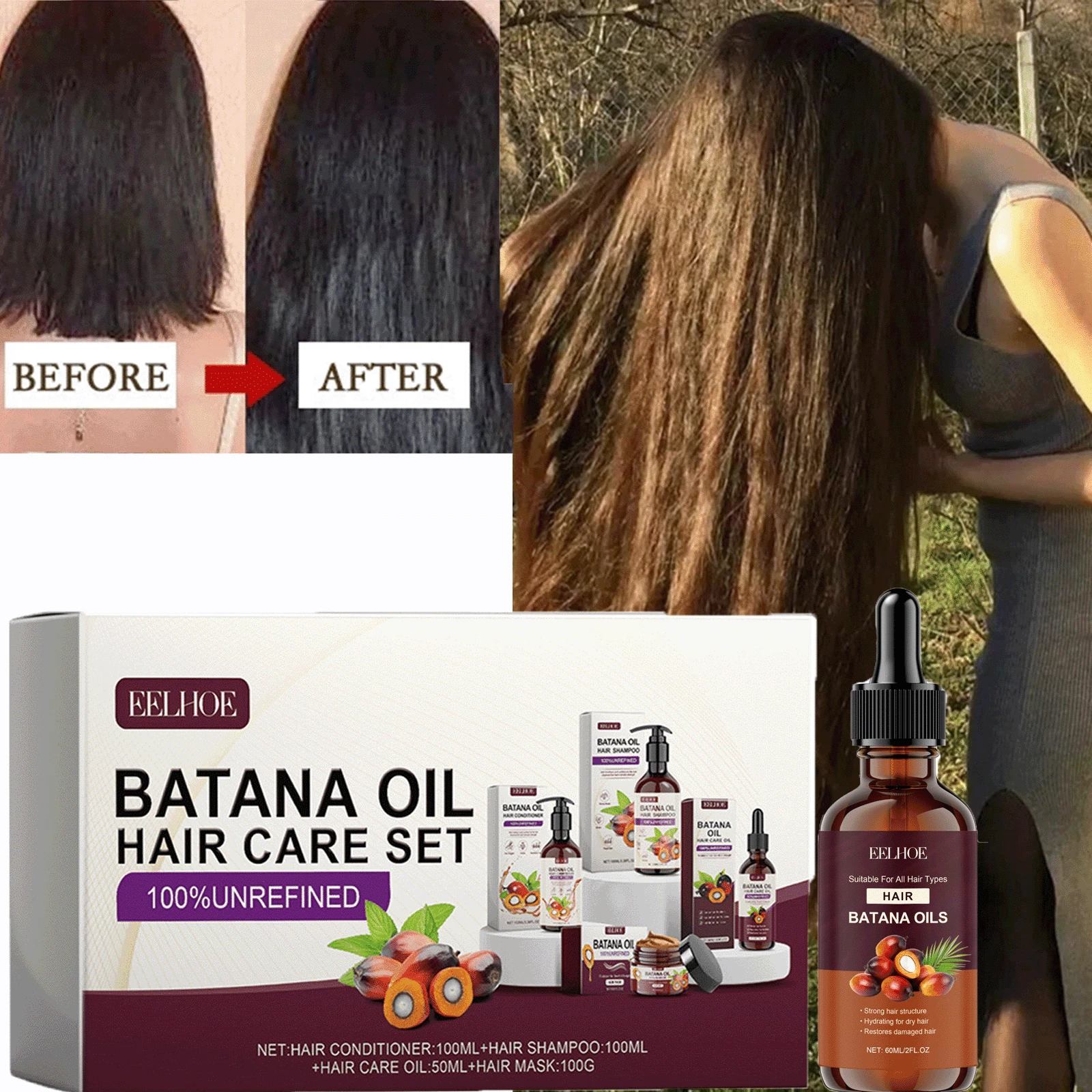 Batana Oil Hair Care Set,Long-Lasting Moisturizing,Reduce Split Ends,Strengthens Hair Roots And Improves Hair Quality, Gently Softens Hair, Nourishing Hair Tail Smooth Hair Care Set,Valentine'S Day Beauty Gift, For Men And Women,Batana Oil Conditioner & Batana Oil Shampoo & Batana Oil Hair Mask & Batana Oil Hair Care Oil - Brown - View 1