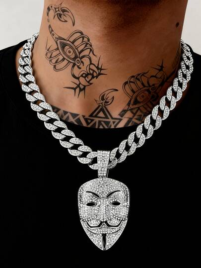 Bling Bling 链条项链，配有个性化面具吊坠，男士街头风格项链，适合日常佩戴和派对