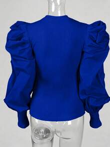 Crew Neck Fitted Gigot Sleeve Splice Women Clothing Spring - Royal Blue - View 4