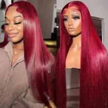 باروكة أمامية من الدانتيل بكثافة 200 دنير بطول 40 بوصة، لون بوردو 99j، شعر بشري أمامي من الدانتيل، باروكة أمامية من الدانتيل بشعر بشري مستقيم لون بوردو 99j، باروكة أمامية من الدانتيل بشعر بشري مع شعر طفل مسبق النتف لون بوردو 99j - SBUG - مشاهدة 5