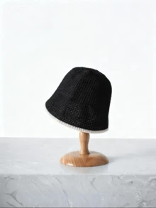 CHICVUE 1pc Women Contrast Trim Fashionable Bucket Hat For Daily Life Casual Winter Fall Winter Gifts - Black and White - View 2