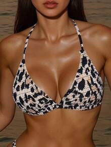 Swim SXY Women's Leopard Print Halter Neck Tie Bikini Top For Sexy Beach Vacation Summer - Multicolor - View 2