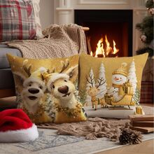4pcs Christmas Gold Cute Snowman, Reindeer And Santa Claus Pillow Cover Set, Single-Sided Printed Plush Polyester Material, 45*45/50*50*40*40CM Cushion Cover For Modern Fabric Sofa Indoor Decor, Party Decoration, Gift