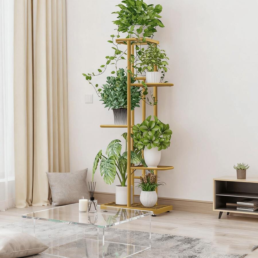 6/5/4 Tier Plant Stand - Home Garden Decor & Plant Storage Rack - Creative Pot Organizer Stunning Design, Perfect For Indoor/Outdoor Decor Space-Saving Indoor/Outdoor Plant Stand - Năm lớp vàng - Xem 1