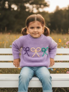 Toddler Baby Girl Boy Mard Gras Outfit Bow Embroidered Knit Crew Neck Sweater Long Sleeve Pullover Tops Fall Clothes,Cute Kids Mard Gras Sweater 6Months - 7 Years. - 紫色 - 查看 9