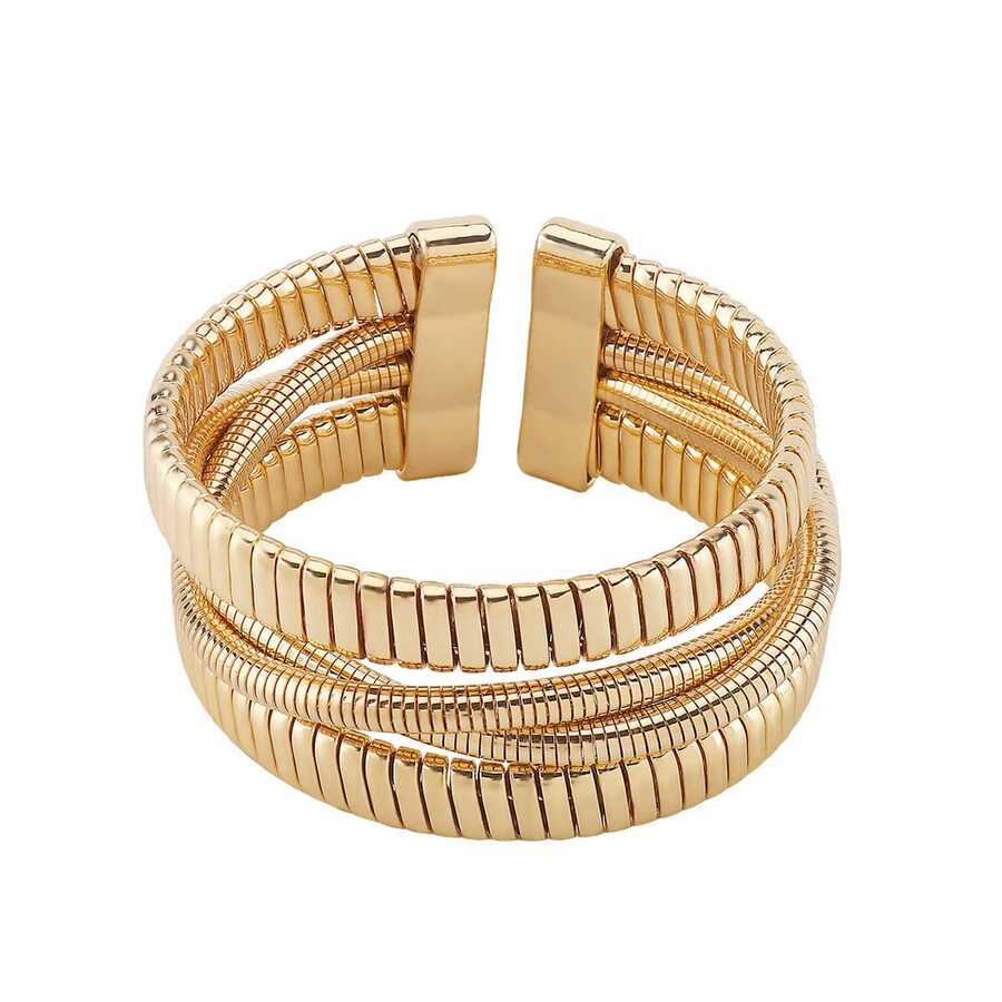 1pc Fashionable Minimalist Multi-Layer Line Wrapped Geometric Open Cuff Snake Bone Bracelet, Suitable For Daily Wear, Party And Gathering - Gold - View 1
