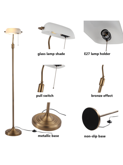 Alpinaluz Classic Bronze Notary Vloer Lamp Wit Glass Shade Brass Holder le, E27 view 3