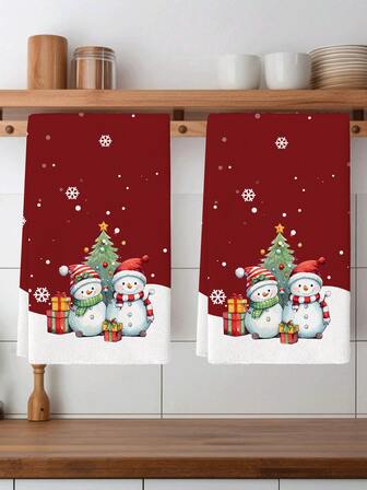 2 Stücke Schneemann bedruckte Küchentücher, Polyester Handtücher mit Weihnachtsmuster, super weich gewebte Geschirrtücher, maschinenwaschbar, ideal für Restaurant, Küche, Weihnachtsdekoration und als Geschenk