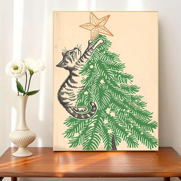 1pc Frameless Christmas Tree Cat Wall Arts Potsers, Minimalist Doodle Style, Festive Holiday Gift, Whimsical Creative Wall Decor For Home Bedroom Kitchen Living Room