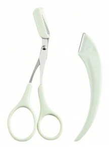 2件套眉毛修剪器套装，不锈钢斜角眉刀带梳子，适合初学者，任何肤质，男女通用脱毛工具