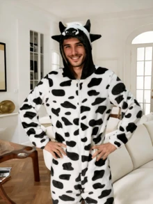 Men's Cow Print Hooded Pajama Jumpsuit, Fall & Winter - Black and White - View 5
