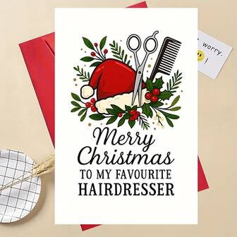 1pc Hairdresser Christmas Card - Salon-Themed Design With Scissors, Comb & Hairdressing Tools - "Merry Christmas To My Favourite Hairdresser" - Red & Green Wreath & Hairdressing Tools - Barber Gift For Clients, Friends, Family - Salon Decorations - Barber Pole Accent - Holiday Appreciation Card - Festive Hairdressing Gift Idea - Barberaids, Stylists, Salon Professionals