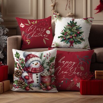 4pcs Christmas Vintage Red Snowman & Christmas Tree Pillow Cover Set, Single-Sided Printed Peach Velvet Polyester Material, 45*45/50*50/40*40CM Cushion Cover Suitable For Room Decor, Modern Minimalist Sofa Living Room Decor, Gift, Party Decoration