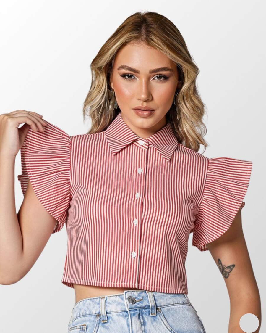 Women's Elegant Cropped Top With Buttons And Ruffles Polyester Button Pleated Layered Daily Holiday - Rayas rojas - Ver 1