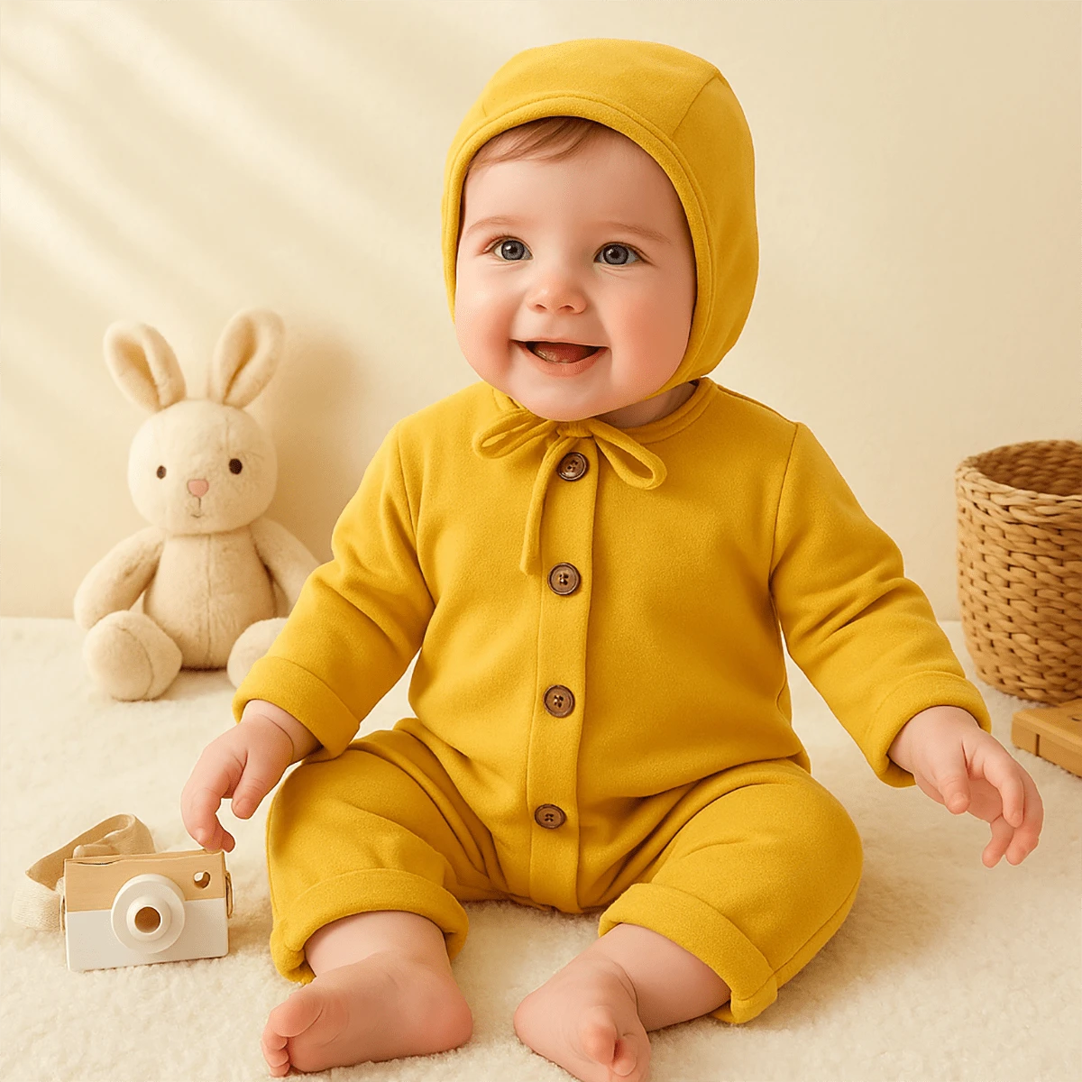Conjunto de 2 Piezas para Recién Nacido Niño o Niña, Mameluco de Manga Larga de Color Sólido con Gorro para Bebé - Amarillo - Ver 1
