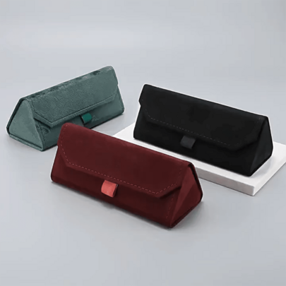 1pc New Plush Eyeglass Case & 3pcs Suede Cleaning Cloth, Triangle Folding Hard Shell Sunglasses Case With Strap Handle, Creative Crush-Resistant Fashionable Eyeglasses Box, Great Eyewear Accessory Gift For Women, Father's Day