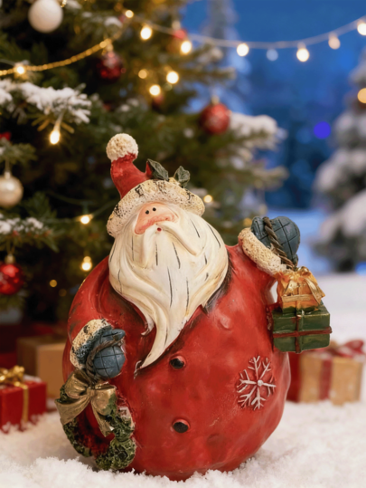 1pc Handmade Resin Retro Country Style Santa Claus Figurine, Desktop Decoration, Santa Claus Holding Gift And Wreath, Great For Gift Birthday Home Decor Christmas Decorations Room Decor Christmas