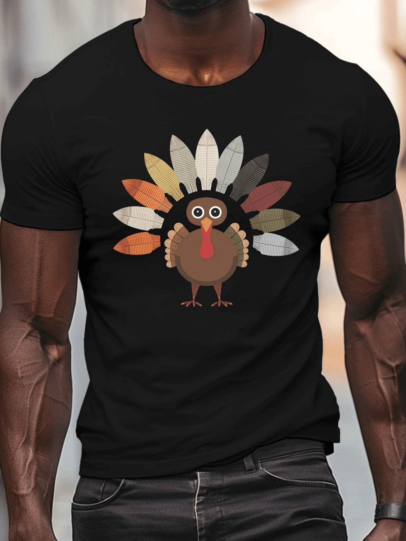 Camiseta Estampada de Hombre con Diseño Divertido de Pavo Real Animado,Camiseta Casual de Algodón con Cuello Redondo y Manga Corta para un Look Cómodo - Negro - Ver 1