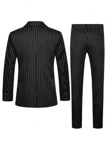 2pcs Men's Slim Fit Striped Double-Breasted Suit Set, Includes Jacket And Pants, Suitable For Business, Commute, Wedding, Party, Formal Occasions, Valentine's Day Gift - Black - View 5