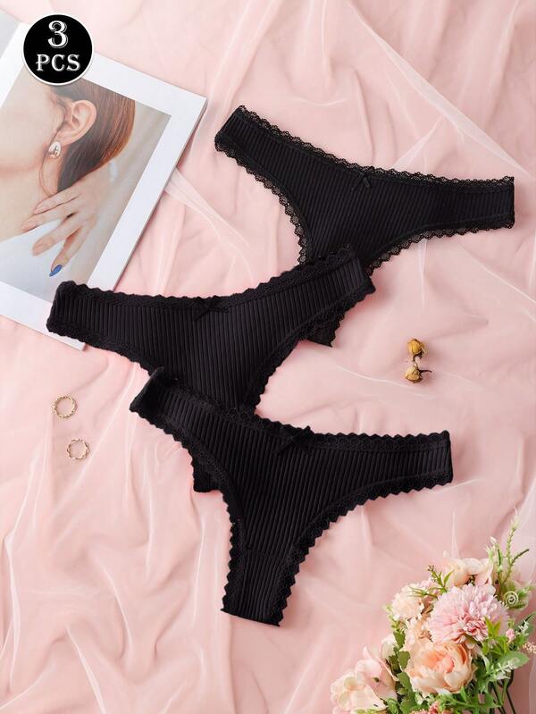 3pcs/Pack Women's Solid Color High-End Lace Patchwork Thong Panties, Cute Bow Design, Seamless Stretchy Soft & Comfortable Underwear