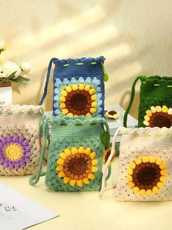 一套初学者钩针编织套装，波西米亚风向日葵钩针手提包，DIY毛线钩织，包含基础配件和教程，节日礼物