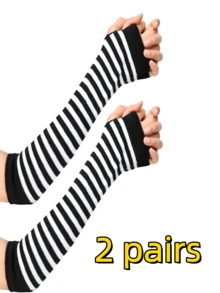 1双朋克条纹针织露指手套，弹性防晒中长手套，适合户外活动、驾驶、旅行、角色扮演装饰，男女通用