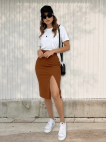 Conjunto Falda Larga Blusa Mujer Ajustada Abertura En Pierna Mostaza Oro - Marrón - Ver 5