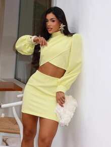Women's Set Cropped Long Puff Sleeve And Short Tight Skirt In Premium Tailoring Candy Colors Elegant, Sophisticated And Modern Look Summer Fashion 2025 - 黃色 - 查看 1