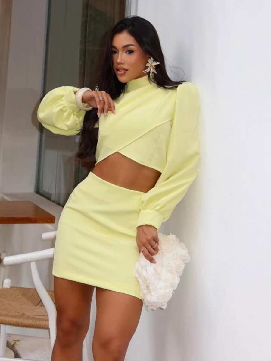 Women's Set Cropped Long Puff Sleeve And Short Tight Skirt In Premium Tailoring Candy Colors Elegant, Sophisticated And Modern Look Summer Fashion 2025 - 黃色 - 查看 1