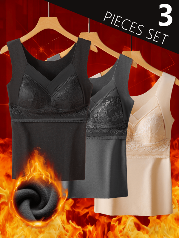 3pcs Women's Thermal Underwear - Sleeveless V-Neck Design With Built-In Bra, Super Soft Warm Breathable Skin-Friendly Elastic, Suitable For Home Daily Wear & Cold Weather Insulation, Autumn/Winter Must-Have Base Layer