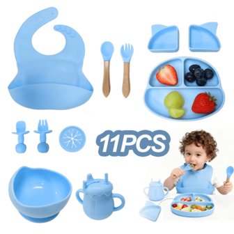 11pcs Blue Tableware Set, Cartoon Cat Silicone Feeding Plate Set, Suitable For Infants And Toddlers, Anti-Drop Suction Cup Bowls, Wooden Handle Silicone Fork & Spoon, Snack Covers, Bibs, Multi-Function Learning Drink Cup And Grindable Silicone Fork & Spoon, Cultivate Baby's Independent Feeding Skills, Waterproof And Oil-Resistant, Dishwasher, Microwave And Oven , Suitable For Children 6 Months And Above