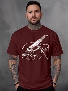 Men's 100% Cotton T-Shirt With Guitar Print - 紫紅色 - 查看 1