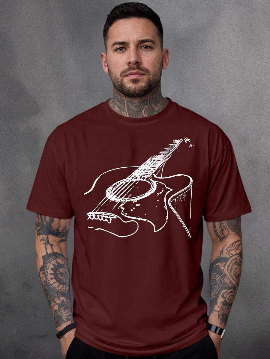 Men's 100% Cotton T-Shirt With Guitar Print - 紫紅色 - 查看 1
