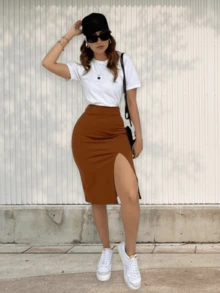 Conjunto Falda Larga Blusa Mujer Ajustada Abertura En Pierna Mostaza Oro - Marrón - Ver 4