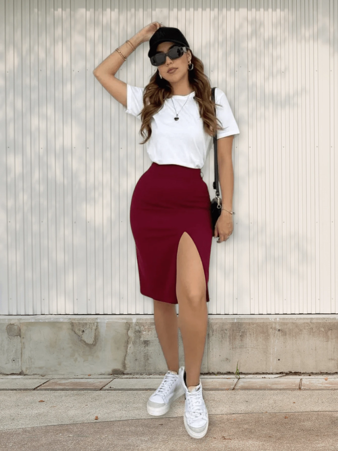 Conjunto Mujer Falda Larga Elegante Abertura En Pierna Blusa Blanca Básica Vino - Morado - Ver 1