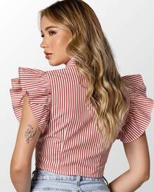 Women's Elegant Cropped Top With Buttons And Ruffles Polyester Button Pleated Layered Daily Holiday - Rayas rojas - Ver 2