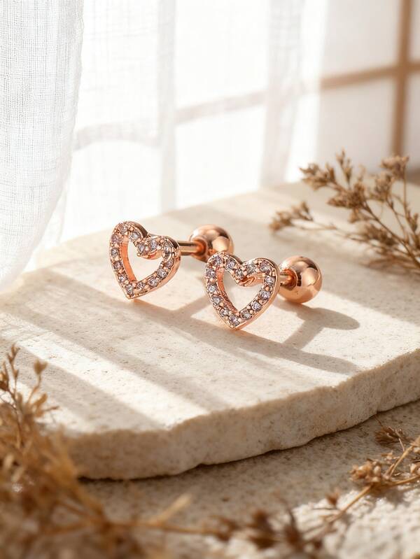 2pcs Fashionable Cute Hollow Heart Zirconia Cartilage Earrings For Women