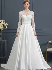 Elegant Romantic V Neck Backless Long Sleeves Lace Appliques Tulle A Line Wedding Dress Registration,Country Wedding Dress,Evening Party Dress Birthday Party Dress,Romantic Church Ceremony Wedding Dress,Suitable For Wedding,Dating,Party,Singles' Party,Vacation,Formal Occasions,Dinner Dress,Prom Dress,Homecoming Dress,Cocktail Party,Wedding Guest Dress,Graduation - 白色 - 查看 2