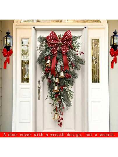 1 件，节日圣诞门花环，配有金铃铛和红丝带，涤纶门罩横幅，70.8x35.4 英寸，节日家居前门装饰，节日活动装饰派对横幅