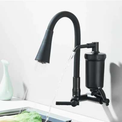 Torneira gourmet flexível para cozinha com filtro, preta, montada na parede, toda preta, com chuveiro duplo