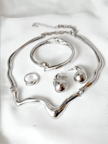1 Set Alloy Teardrop Earrings, Rings, Bracelets, Wave Pendant Necklace, Suitable For Women's Daily Wear - 銀色 - 查看 1