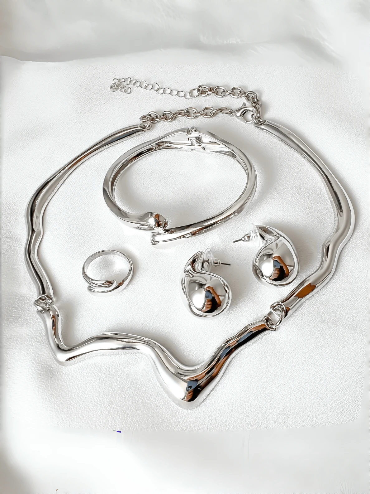 1 Set Alloy Teardrop Earrings, Rings, Bracelets, Wave Pendant Necklace, Suitable For Women's Daily Wear - 銀色 - 查看 1