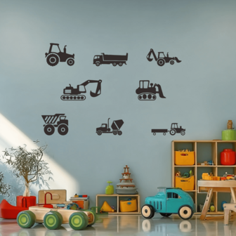 儿童房工程车辆墙贴 - 可移除乙烯基卡车、挖掘机、推土机、拖拉机和挖掘机贴纸 | 男孩卧室墙壁艺术、育儿室装饰、幼儿游戏室装饰 | 适用于学龄前、托儿所和家庭的教育工程卡车墙贴 | 防水、易于粘贴，适用于墙壁和家具