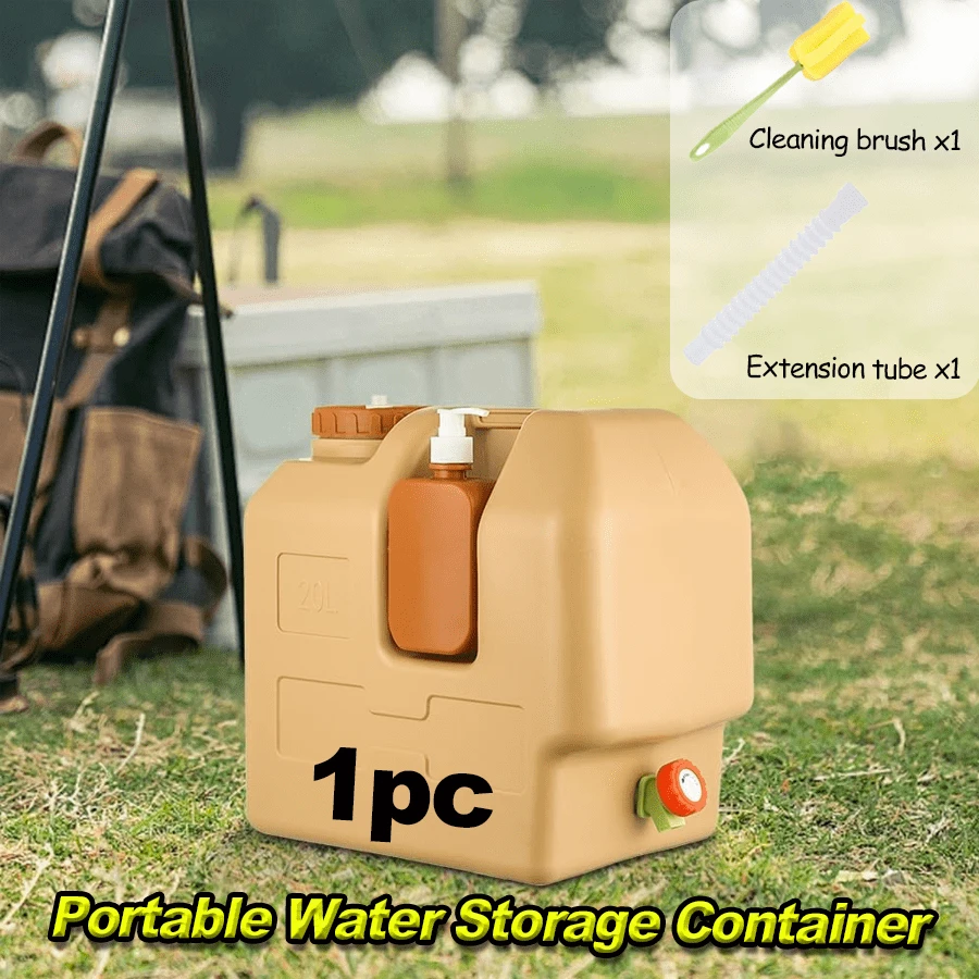 1pc 20L (5.28gal) Portable Water Storage Container, Durable Plastic Material, Camping Water Bucket;      Practical & Rugged Style, Orange Color, Box - Like Shape With Rounded Corners, Equipped With Hand Sanitizer Dispenser,Cleaning Brush And Extension Tube, Leakproof Faucet, Easy - Pour Spout Details.      Ideal For Storing And Dispensing Water Conveniently.      Outdoor Water Container Perfect For Camping, Hiking, RV Trips, Emergency Preparedness, Outdoor Survival, Year - Round Outdoor Activities & Great As A Gift For Outdoor Enthusiasts, Campers On Birthdays, Father's Day.   (Orange)