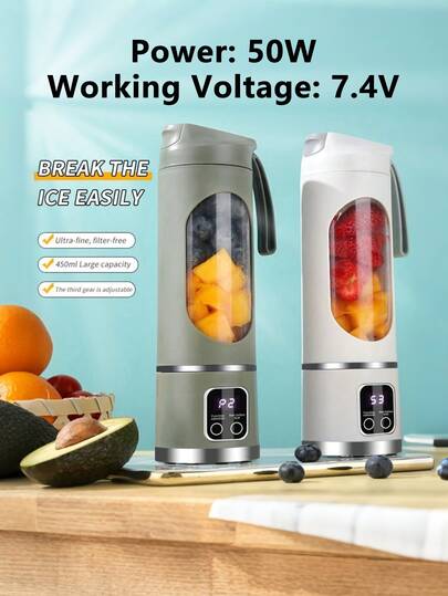 1pc 7.4V, 50W High Power Wireless USB Rechargeable Portable Juicer Blender, 450ml Large Capacity Auto Protection Juice Cup (Bottle Not Tightened Cannot Start), Baby Food Processor, On-The-Go Blender Cup, 3 Modes, Digital Display, 1500mAh Battery, Fresh Juice, Smoothie, Milkshake, Essential For Students, Home, Outdoor Travel (Automatically Shuts Off When Overheated, Needs To Cool Down Before Use), Halloween Gift, Christmas Gift