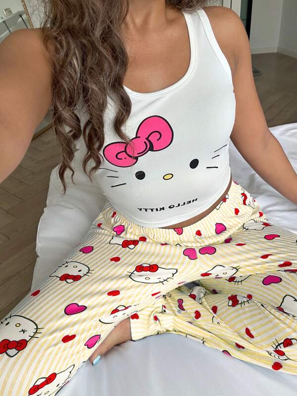 Sanrio 2 Peças Conjunto de Pijama Feminino com Regata Cropped Estampada da Hello Kitty e Calça de Cintura Elástica, Natal
