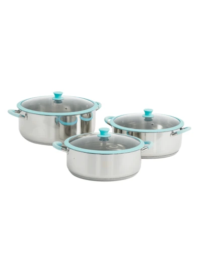 Woks BUONA 6 pz de acero inoxidable reforzado de grueso calibre. Tapas de vidro irrompible con bordes de silicona para sellado ideal, de color rosa y azul claro con los mejores materiales de calidad premium para suan cocina elegante y moderna, saludable y
