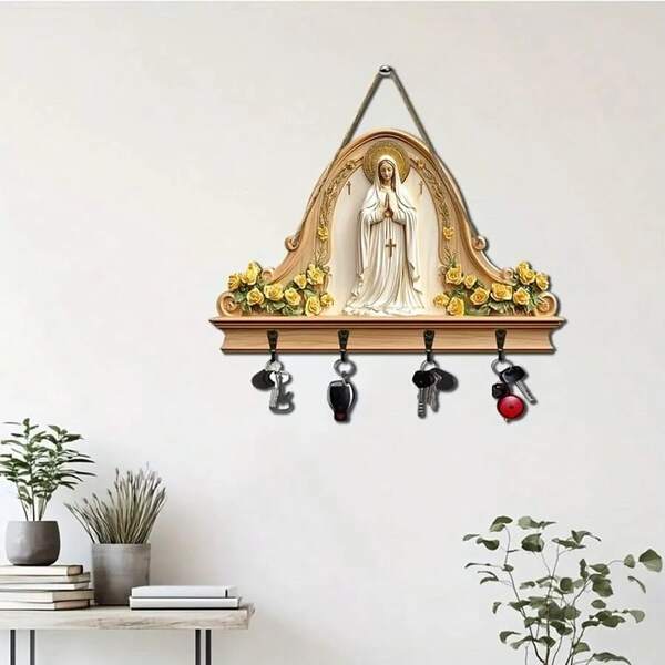 1 Schlüsselanhänger aus Holz mit betender Jungfrau Maria – Wandmontierter Schlüsselhalter mit 4 Metallhaken – Wanddekoration im böhmischen Landhausstil, 26,4 x 21,8 cm (10,4 x 8,6 Zoll), 2D-Religionskunstwerk, geeignet für Eingangshallen, Zimmer, Villen und als Dekoration für jedes Zuhause, einfache Montage